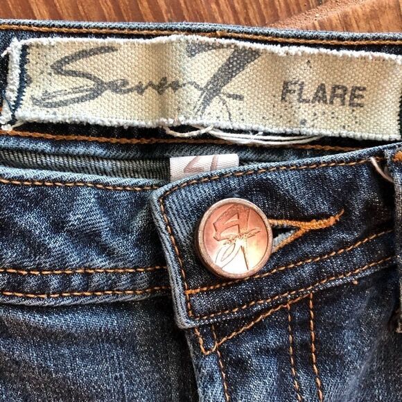 7 FOR ALL MANKIND Sz 27 ‘90s Blue Distressed Ripped Western Flare Stretch Jeans - Picture 6 of 12